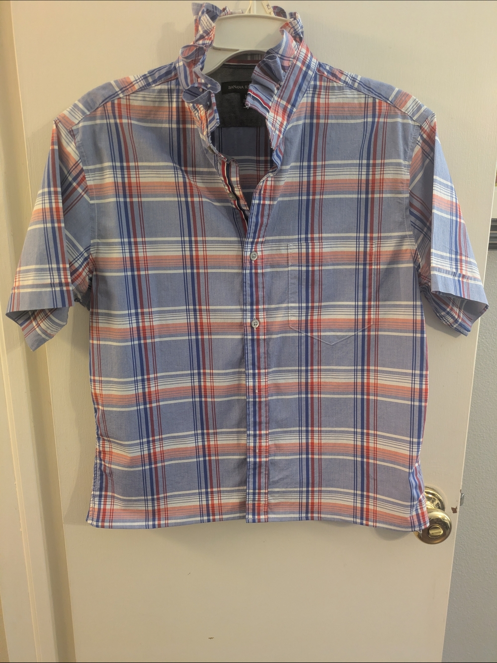 Upcycled Banana Republic Short-Sleeve Plaid Button-Down Shirt - Blue/Red/White